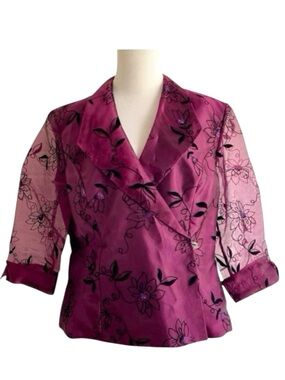 Vintage Floral Sheer Purple Blazer 16 Kathy Roberts 80’s Blouse Jacket Wedding